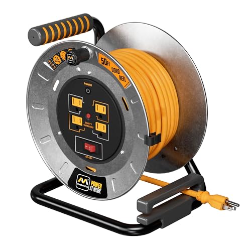 50ft Cord Reel, Metal Steel Cable Drum, Retractable Extension Lead with Winding Handle, Safety Overload Circuit Breaker and Power Switch, 4x Grounded Outlets, 15amps, 12AWG Cable