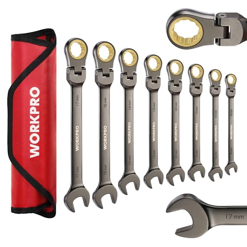 WORKPRO 8-piece Flex-Head Ratcheting Combination Wrench Set, Metric 9-17 mm, 72-Teeth, Cr-V Constructed, Nickel Plating with Organization Bag
