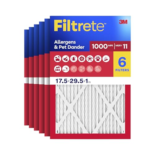 Filtrete 17.5x29.5x1 AC Furnace Air Filter, MERV 11, MPR 1000, Micro Allergen Defense, 3-Month Pleated 1-Inch Electrostatic Air Cleaning Filter, 6 Pack (Actual Size 17.19x29.19x0.81 in)