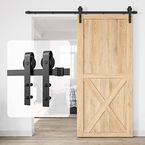 8ft Heavy Duty Sturdy Sliding Barn Door Hardware Kit - Single Door - Black - J Shape Hangers