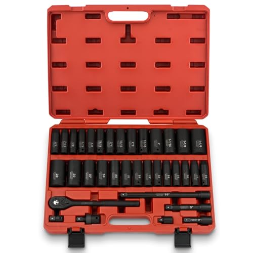 NEIKO 02446A 1/2" Impact Socket Set, 35 Piece, Deep Socket Kit Assortment, Standard SAE (3/8-1-1/4) and Metric MM (10-32mm) Sizes, Includes Ratchet Handle and Impact Extension Bars