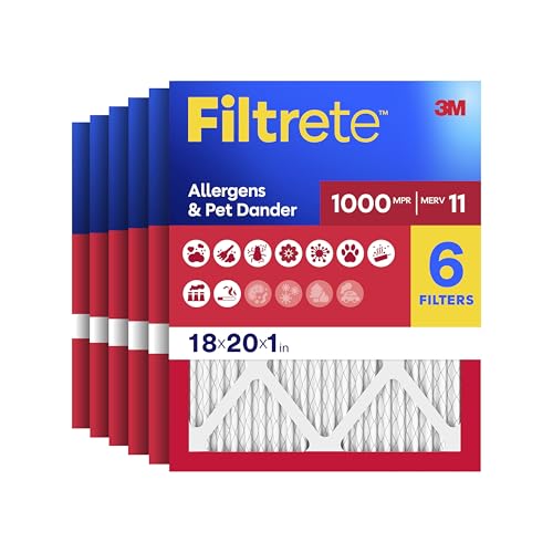 Filtrete 18x20x1 AC Furnace Air Filter, MERV 11, MPR 1000, Micro Allergen Defense, 3-Month Pleated 1-Inch Electrostatic Air Cleaning Filter, 6 Pack (Actual Size 17.81x19.81x0.81 in)