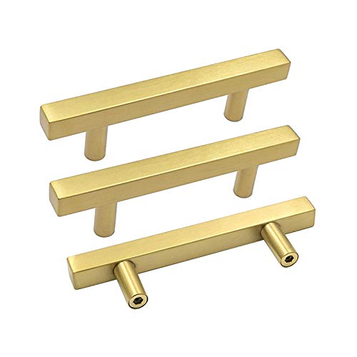 Goldenwarm Brushed Brass Cabinet Knobs Drawer Pulls Furniture Hardware -LS1212GD90 T Bar Square Gold Cabinet Pulls 3.5 Inch Hole Centers Kitchen Cupboard Door Handles Stainless Steel 50 Pack