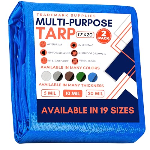 Large Waterproof Tarp - Heavy Duty 10 Mil Thick Poly Tarpaulin Ideal for Canopy Tents, Boats, RV or Pool Covers - Multipurpose Protective Tarps with Grommets for Indoor, Outdoor Use | 12' x 20' 2 Pack