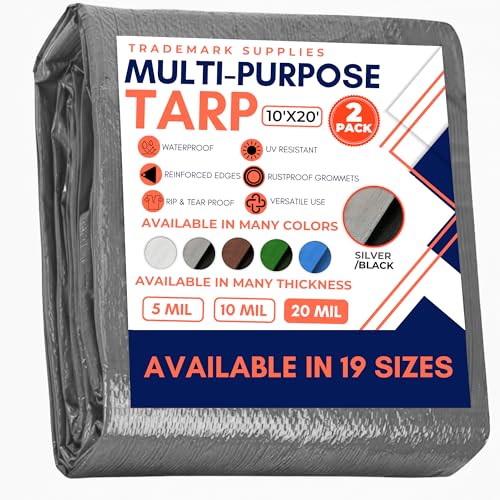 Large Waterproof Tarp - Heavy Duty 20 Mil Thick Poly Tarpaulin Ideal for Canopy Tents, Boats, RV or Pool Covers - Multipurpose Protective Tarps with Grommets for Indoor, Outdoor Use | 10' x 20' 2 Pack