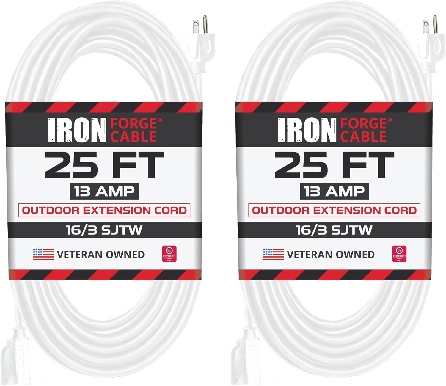 Iron Forge Cable 2 Pack Weatherproof 25 Ft Outdoor Extension Cord - 16/3 SJTW Heavy Duty White Extension Cord 3 Prong - 13 Amp Exterior Power Cable