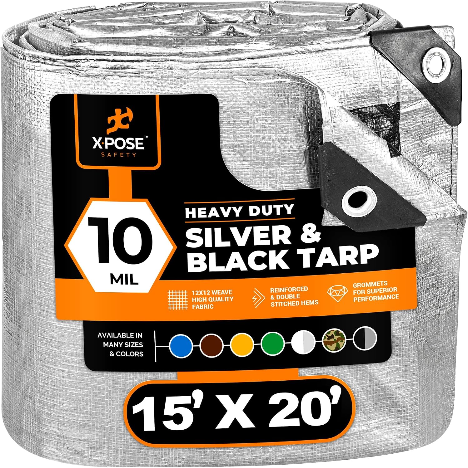 Heavy Duty Poly Tarp - 15' x 20' - 10 Mil Thick Waterproof, UV Blocking Protective Cover - Reversible Silver and Black - Laminated Coating - Grommets - by Xpose Safety