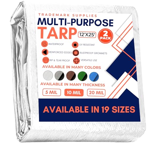 Large Waterproof Tarp - Heavy Duty 10 Mil Thick Poly Tarpaulin Ideal for Canopy Tents, Boats, RV or Pool Covers - Multipurpose Protective Tarps with Grommets for Indoor, Outdoor Use | 12' x 25' 2 Pack