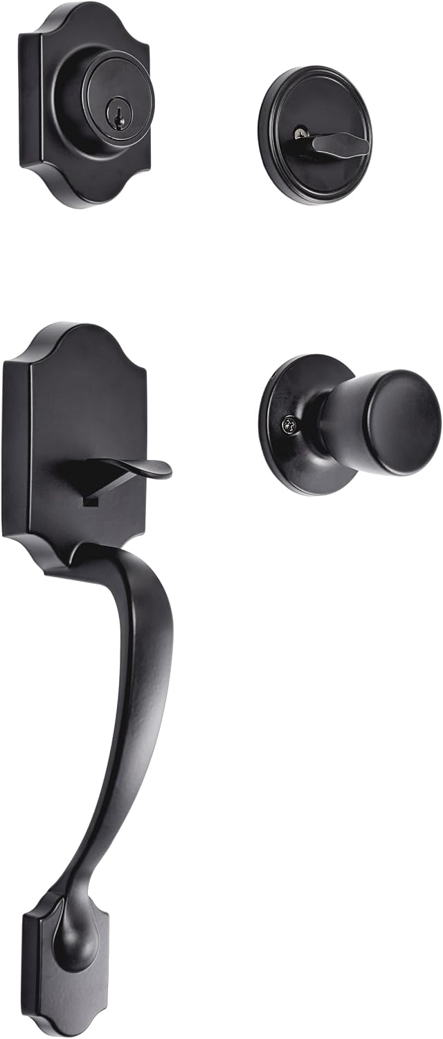 Amazon Basics Front Door Lock Set, Handleset with Tulip Knob, Level Door Handle, Exterior, Single Cylinder,Matte Black, 1-Pack