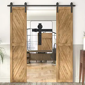 WINSOON Double Sliding Barn Door Hardware Kit 5-18FT for Double Doors Wood Cabinet Closet Set Black Surface Antique Style (6FT /72" 2 Doors Track Kit)