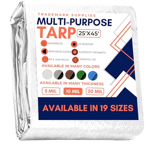 Large Waterproof Tarp - Heavy Duty 10 Mil Thick Poly Tarpaulin Ideal for Canopy Tents, Boats, RV or Pool Covers - Multipurpose Protective Tarps with Grommets for Indoor and Outdoor Use | 25' x 45'