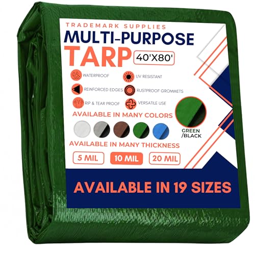 Large Waterproof Tarp - Heavy Duty 10 Mil Thick Poly Tarpaulin Ideal for Canopy Tents, Boats, RV or Pool Covers - Multipurpose Protective Tarps with Grommets for Indoor and Outdoor Use | 40' x 80'