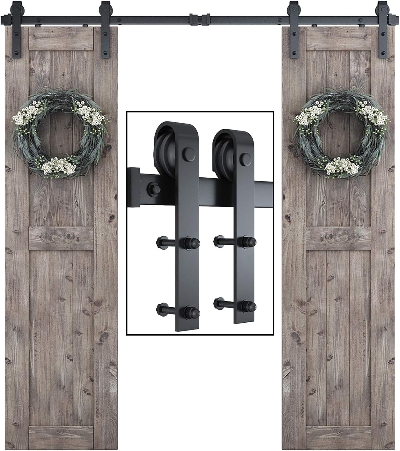 SMARTSTANDARD 6.6 FT Double Barn Door Hardware Kit, Sliding Door Track-Smoothly and Quietly -includes Detailed Installation Fit 20" Wide Doorpanel (J Shape Hanger) Black