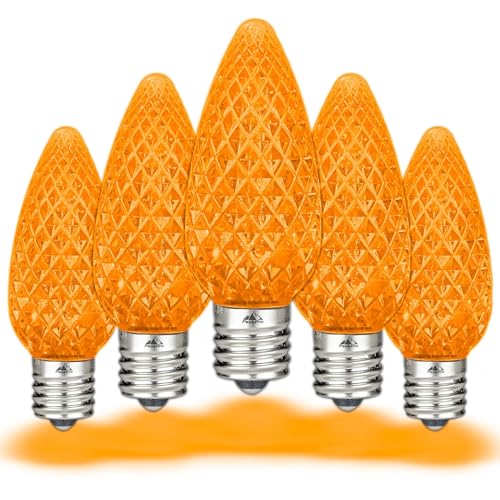 Novelty Lights 25PK C9 LED Faceted Ultra Bright Dimmable Outdoor Christmas Light Replacement Bulbs, String Lights (Orange)