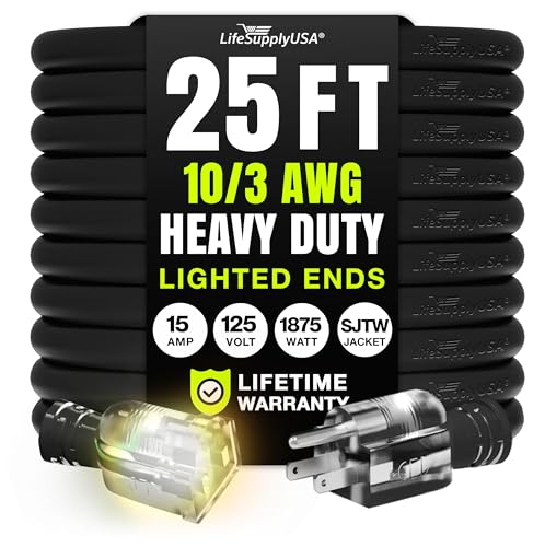 25ft Outdoor/Indoor Extension Cord 10/3 Gauge Ultra Heavy Duty 3 Prong SJTW, Waterproof, Flexible Cold-Resistant Long Power Cord,15A 125V 1875W, Black by LifeSupplyUSA