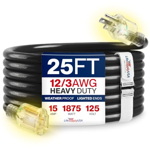 25ft Outdoor/Indoor Extension Cord 12/3 Gauge Extra Heavy Duty 3 Prong SJTW, Waterproof, Flexible Cold-Resistant Long Power Cord,15A 125V 1875W, Black by LifeSupplyUSA