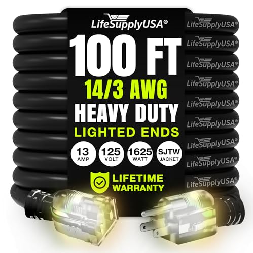 100ft Outdoor/Indoor Extension Cord 14/3 Gauge Heavy Duty 3 Prong SJTW, Waterproof, Flexible Cold-Resistant Long Power Cord,125 Amp 1625W, Black by LifeSupplyUSA