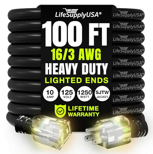 100ft Outdoor/Indoor Extension Cord 16/3 Gauge Heavy Duty 3 Prong SJTW, Waterproof, Flexible Cold-Resistant Long Power Cord,10A 125V 1250W, Black by LifeSupplyUSA