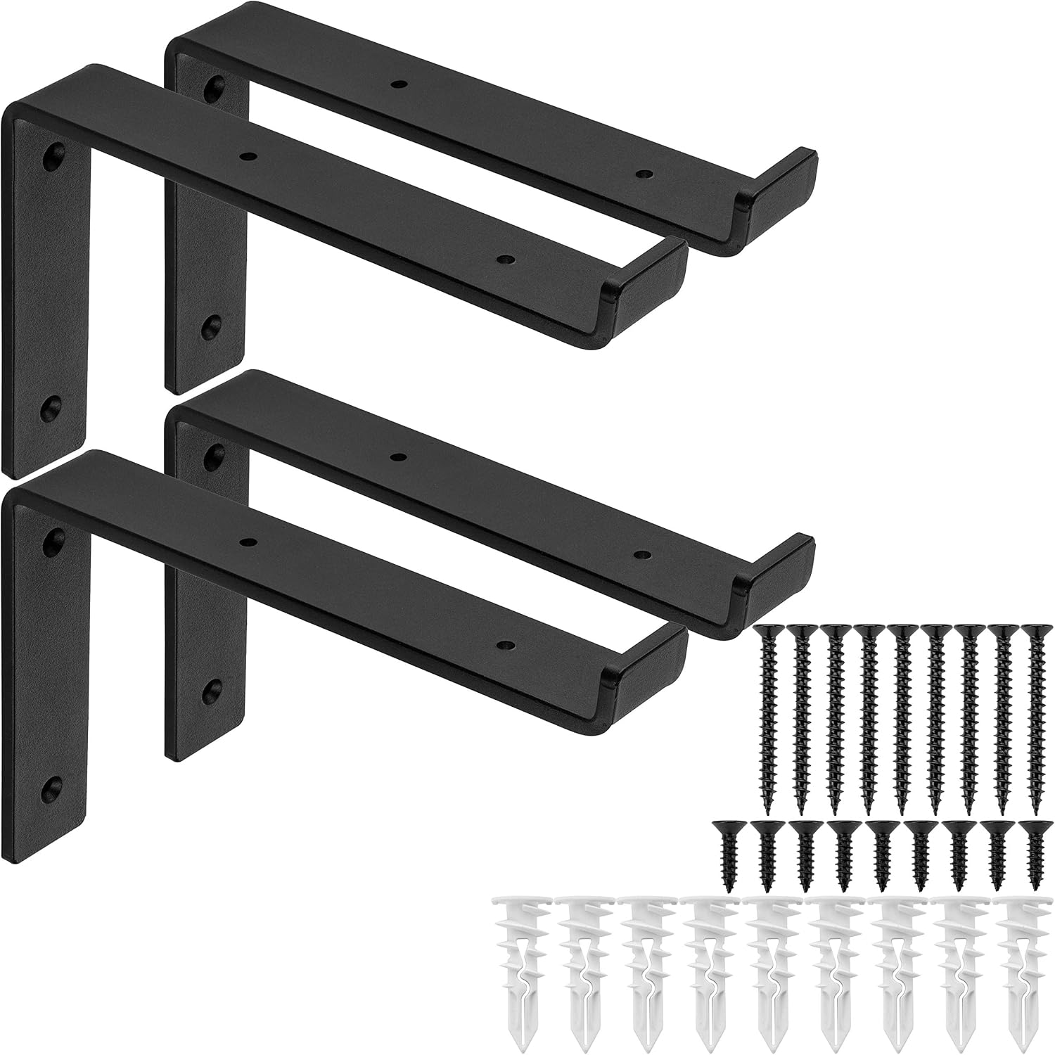 Premium Heavy-Duty Shelf Brackets - Quarter Inch (1/4\") 6mm Thick - Rustic Industrial Modern Farmhouse Black Iron Finish Open Shelving Holder Hanger w/ Hardware, 4-PK (L Bracket w/ Lip, 9.25\" x 6\")