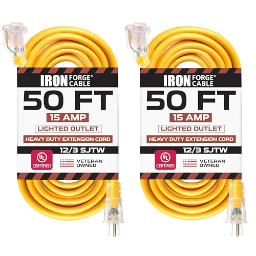 IRON FORGE CABLE 2 Pack of 50 Ft Outdoor Extension Cords - 12/3 SJTW Heavy Duty Yellow 3 Prong Extension Cable, 15 AMP - Great for Garden and Major Appliances