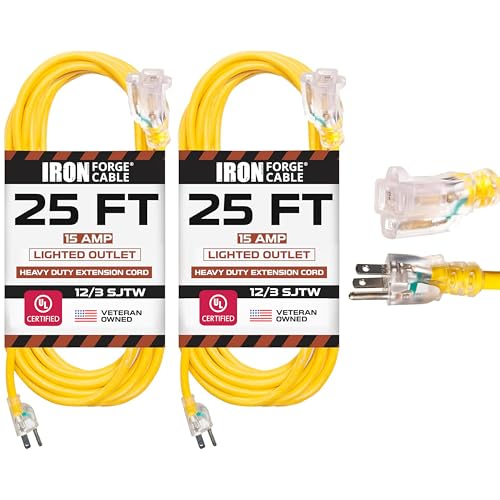 IRON FORGE CABLE 2 Pack of 25 Foot Outdoor Extension Cords - 12/3 SJTW Heavy Duty Lighted Yellow Extension Cable with 3 Prong Grounded Plug for Safety, 15 AMP - Great for Garden and Major Appliances
