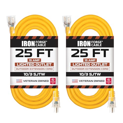 Iron Forge Cable Outdoor Extension Cord 25 Ft, 2 Pack - 10 Gauge Heavy Duty Extension Cord, 15 AMP, 10/3 Yellow Cable SJTW Weatherproof with 3 Prong