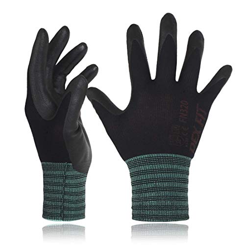 DEX FIT Premium Nylon Work Gloves FN320-12 Pairs, Firm Nitrile Grip, 3D-Comfort Stretchy Fit, Thin & Lightweight, Protective & Durable, Breathable, Machine Washable; Black 8 (M)