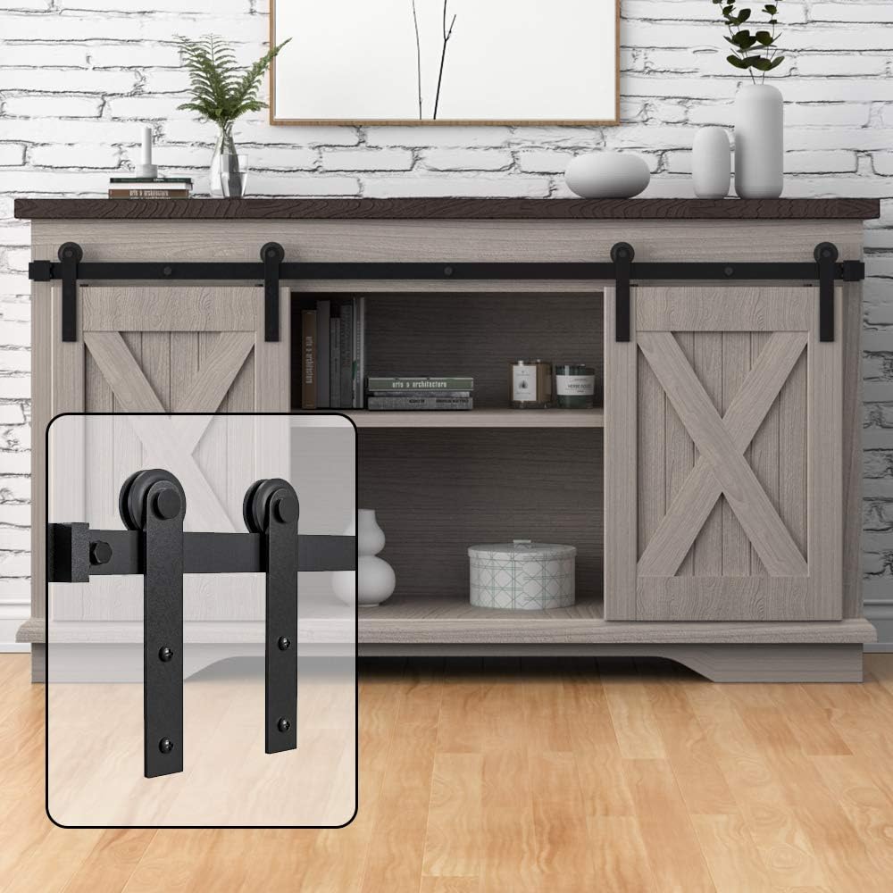 WINSOON 5FT Super Mini Barn Door Hardware Kit for Sliding Double Doors Small TV Stands Wardrobe Cabinets, I Shape Hanger (5FT Double Doors Kit)