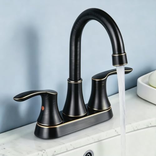 Friho Centerset Lead-Free Modern Commercial 2-Handle Oil Rubbed Bronze Bathroom Faucet, 3 Hole 4 inch RV Bath Vanity Faucets with Drain Stopper and Water Hoses