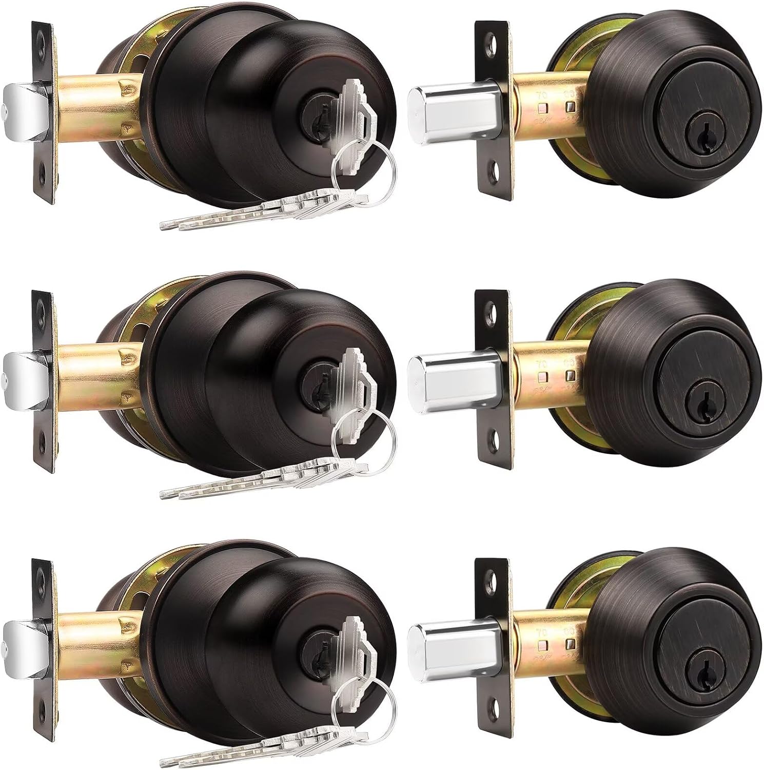 Probrico 3 Sets-Entry Door Knob Lockset and Single Cylinder Deadbolt Combination Set, Keyed Alike Front Handlesets in Oil Rubbed Bronze, Combo Pack Door Knobs Exterior,Contractor Pack