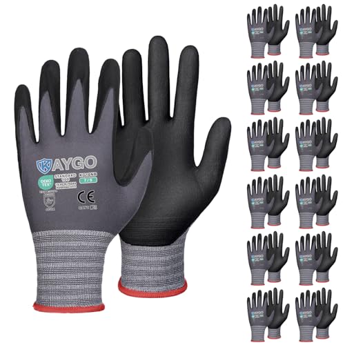KAYGO Safety Work Gloves MicroFoam Nitrile Coated, 12 Pairs KG18NB,Seamless Knit Nylon Glove for Men and Women, Ideal for Automotive,Warehouse,Construction (Small,Gray)