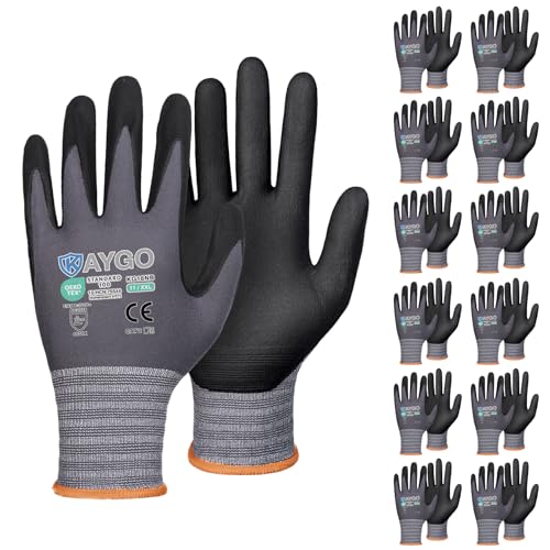 KAYGO Safety Work Gloves MicroFoam Nitrile Coated, 12 Pairs KG18NB,Seamless Knit Nylon Glove for Men and Women, Ideal for Automotive,Warehouse,Construction (2X-Large,Gray)