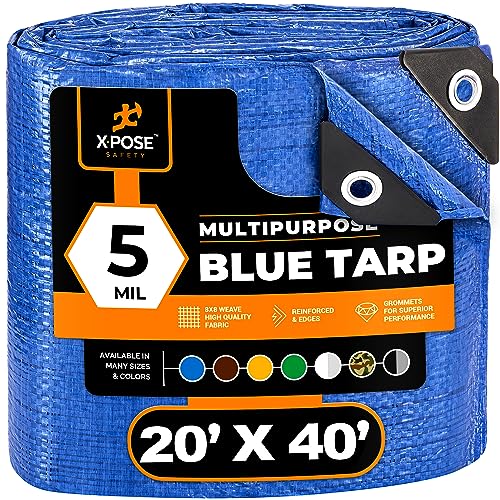 Better Blue Poly Tarp 20' x 40' - Multipurpose Protective Cover - Lightweight, Durable, Waterproof, Weather Proof - 5 Mil Thick Polyethylene - by Xpose Safety