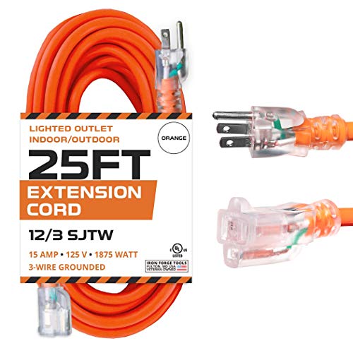 IRON FORGE CABLE 12 Gauge Extension Cord 25 Ft Lighted End - 12 AWG Heavy Duty Cord with 3 Prong, Industrial Grade Orange Outdoor Cable 12/3 SJTW for Major Appliances & HVAC, US Veteran Owned