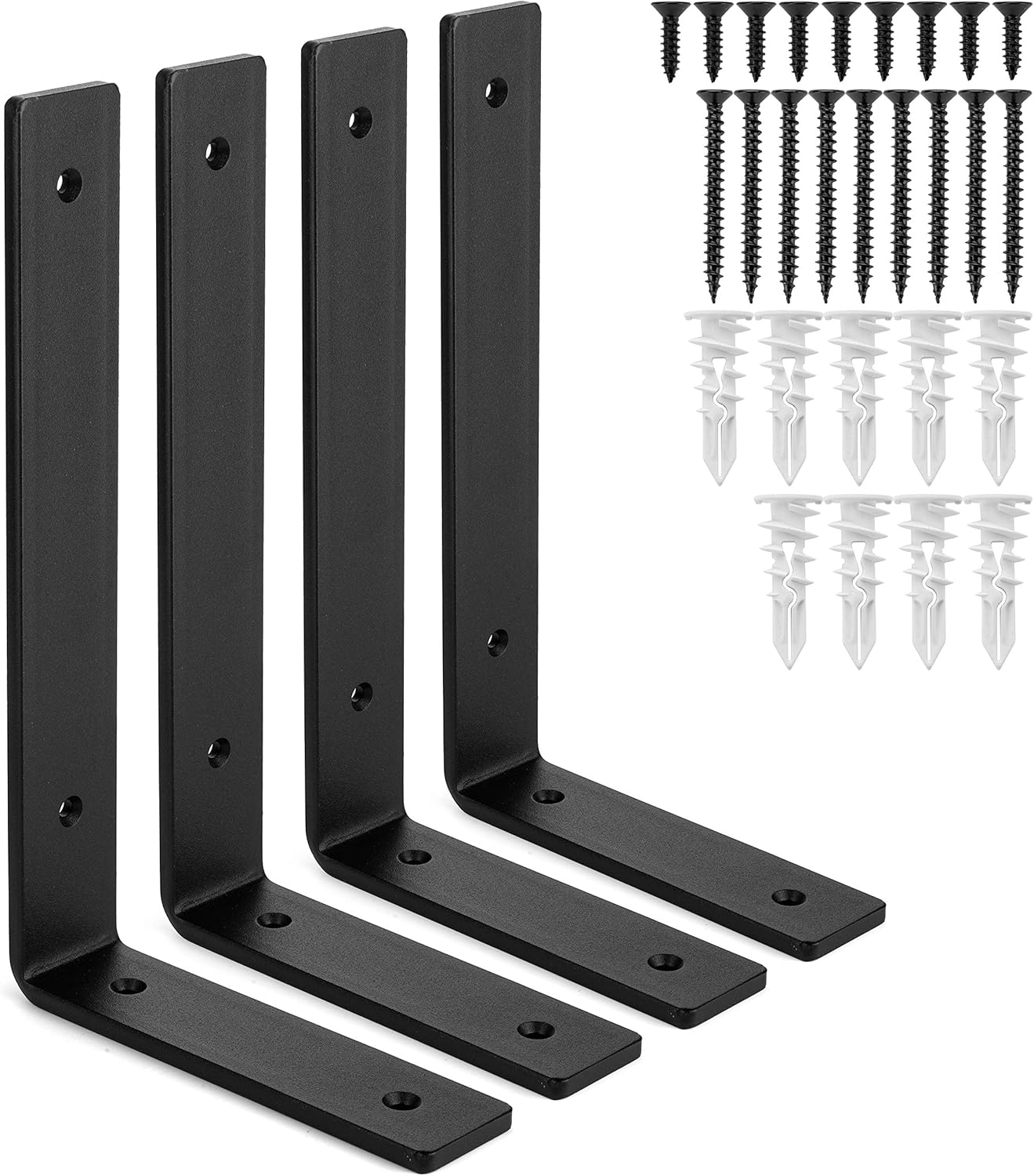 Premium Heavy-Duty Shelf Brackets - Quarter Inch (1/4\") 6mm Thick - Rustic Industrial Modern Farmhouse Black Iron Finish Open Shelving Holder Hanger w/ Hardware, 4-PK (L Bracket, 10\" x 6\")