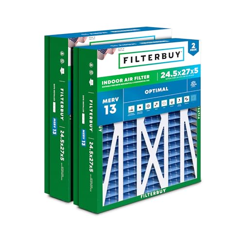 Filterbuy 24.5x27x5 Air Filter MERV 13 Optimal Smoke & Allergy Defense (2-Pack), Pleated HVAC AC Furnace Filters for Trane, American Standard, Honeywell, and More (Actual Size: 24.06 x 26.13 x 4.97)