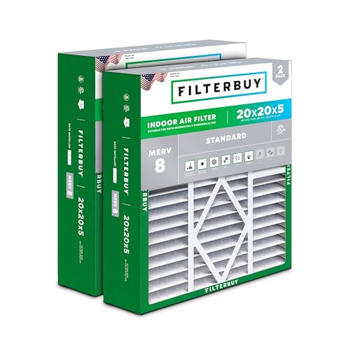 Filterbuy 20x20x5 Air Filter MERV 8 Essential Dust & Allergy Defense (2-Pack), Pleated HVAC AC Furnace Filters for Amana, Coleman, Goodman, Maytag, York, and More (Actual Size: 20.25 x 20.75 x 5.25)
