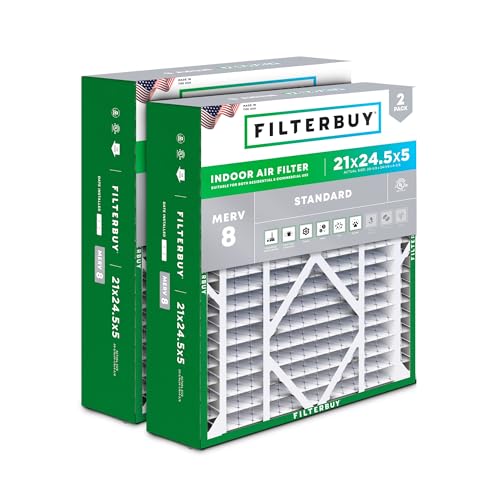 Filterbuy 21x24.5x5 Air Filter MERV 8 Essential Dust & Allergy Defense (2-Pack), Electrostatic Pleated HVAC AC Furnace Filters for Rheem, Ruud, and Protech (Actual Size: 20.63 x 24.13 x 4.38)