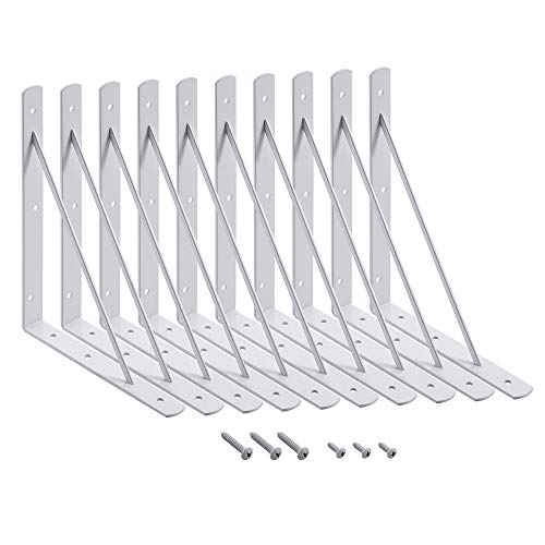 HOME MASTER HARDWARE 10 x 8 inch Metal Shelf Brackets, 90 Triangle L-Bracket, Wall Mount Supports for Floating Shelves w/ Screws, White 10-Pack