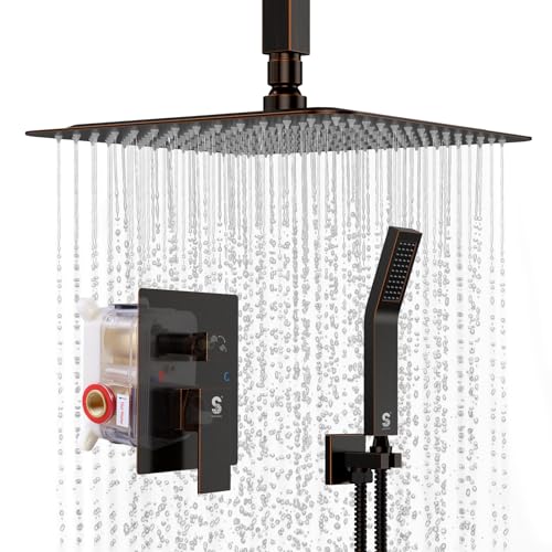 SR SUN RISE 12 Inch Oil Rubbed Bronze Shower System Brass Bathroom Luxury Rain Mixer Shower Combo Set Ceiling Mounted Rainfall Shower Head System Faucet Trim Repair Kits with Rough-In Valve and Trim