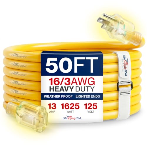 50ft Outdoor/Indoor Extension Cord 16/3 Gauge Heavy Duty 3 Prong SJTW, Waterproof, Flexible Cold-Resistant Long Power Cord,13A 125V 1625W, Yellow by LifeSupplyUSA