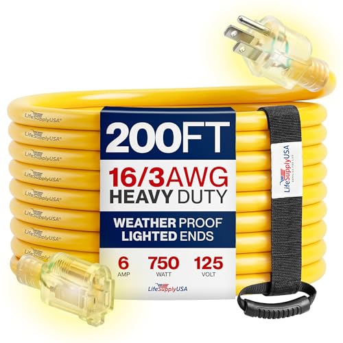 200ft Outdoor/Indoor Extension Cord 16/3 Gauge Heavy Duty