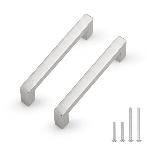 Probrico 30 Pack Hole Centers 4inch Brushed Satin Nickel Cabinet Handles,Stainless Steel Kitchen Drawer Pulls,Square Corner Bar Dresser Pull Handle 4.5inch Length