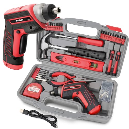 Hi‑Spec 35pc Red Tool Kit with 3.6V USB Electric Screwdriver and Drill Set. Complete Basic Tool Set