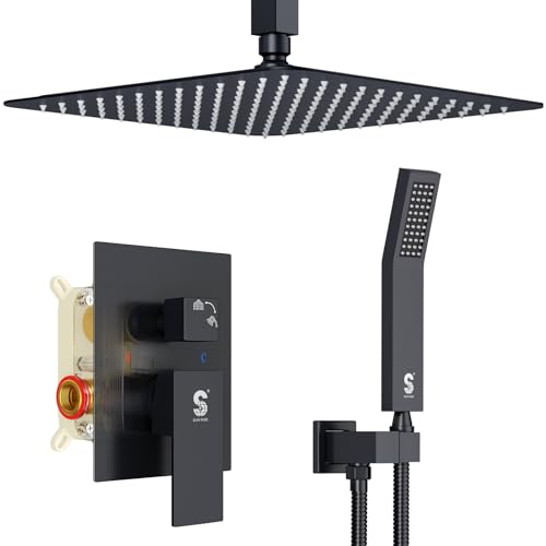 SR SUN RISE 12 Inch Ceiling Mount Matte Black Shower System Bathroom Luxury Rain Mixer Shower Faucet Set Ceiling Rainfall Shower Head System Faucet Trim Repair Kits Rough-in Valve and Trim Included