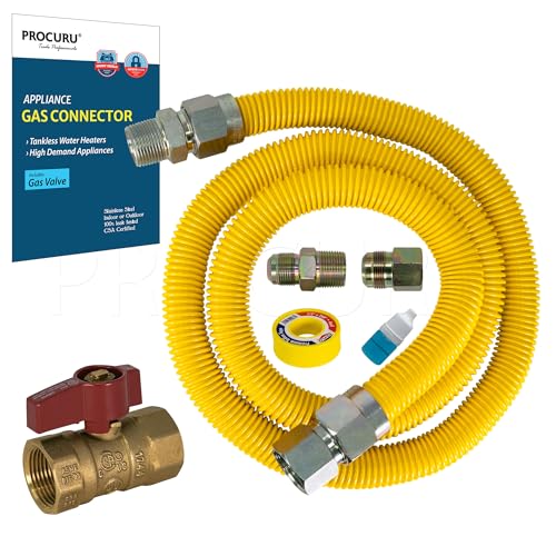 PROCURU 1" OD x 36" (3Ft) x 3/4"MIP x 3/4"FIP Universal Flexible Gas Connector Kit with Gas Valve, Weatherproof MaxFlow Stainless Steel Tubing for Tankless Water Heater (Blue-B1 Series)