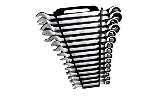 Jaeger 15pc 90-Tooth Ratcheting Wrenches MASTER SET - Our LARGEST SAE With Wrench Rack Organizer - Our standard in safety for combination wrench sets from gear to tip