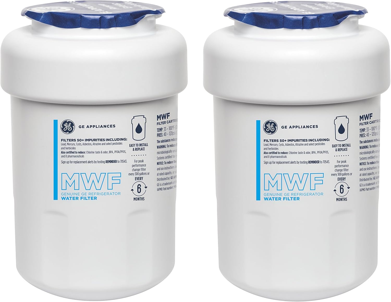 GE MWF Refrigerator Water Filter, Genuine Replacement Filter, Certified to Reduce Lead, Sulfur, and 50+ Other Impurities, Replace Every 6 Months for Best Results, Pack of 2
