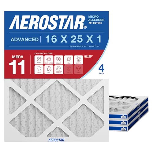 Aerostar 16x25x1 MERV 11 - 4 Count - Pleated HVAC, Furnace & Air Conditioner Filters - Removes Dust, Cold & Flu Germs, Lint, Mold, Pet Dander, Allergy-Causing Pollen, Smog & Smoke