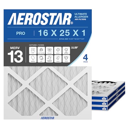 Aerostar 16x25x1 MERV 13 - 4 Count - Pleated HVAC, Furnace & Air Conditioner Filters - Removes Bacteria, Dust, Cold & Flu Germs, Lint, Mold, Pet Dander, Allergy-Causing Pollen, Smog, Smoke & Viruses